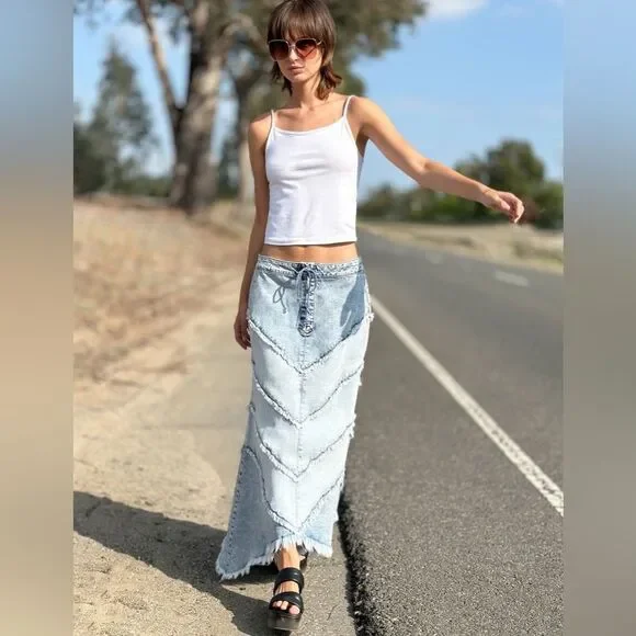 Wash Lab Denim Chevron Raw Hem Maxi Skirt - Size 29 / M - L - Picture 14 of 14